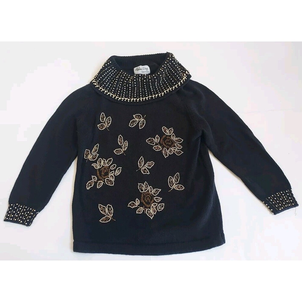 Vintage Ladies Chelsea Way By Naomi Bee Black Floral Beaded Sweater Size M